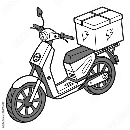 White electric scooter with cargo box and lightning bolt symbol delivery transportation