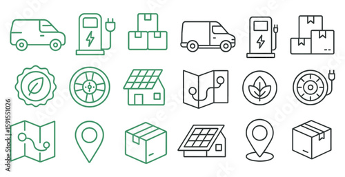 Collection of icons for various things such as a car, a house, a box, and a map