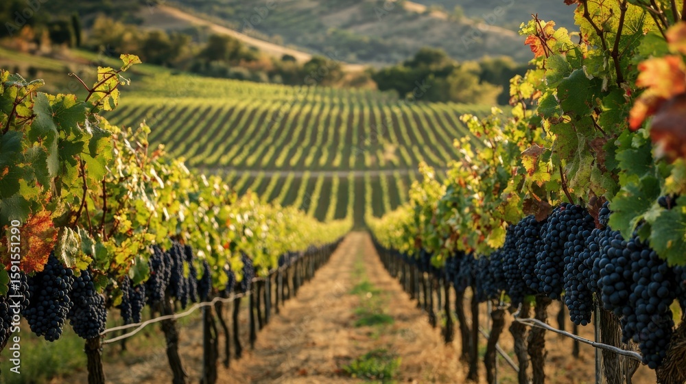 Fototapeta premium Rows of grapevines stretching across a vineyard.