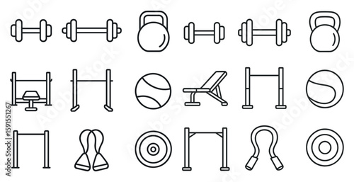 Series of fitness equipment icons are shown in a line. The icons include a weight bench, a kettlebell, a medicine ball, a bench press, a pull up bar, a ball, a bench, a ball, a bench