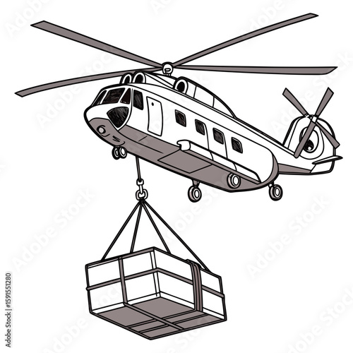 White helicopter lifting grey cargo box transport aviation
