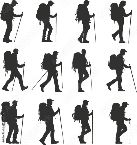 Set of hiking silhouettes with backpacks and trekking poles on white background
