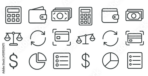 Set of icons for financial transactions, including a calculator, a balance scale, and a calculator