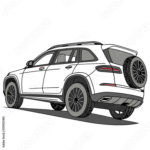 White luxury S U V with external spare tire and panoramic roof electric