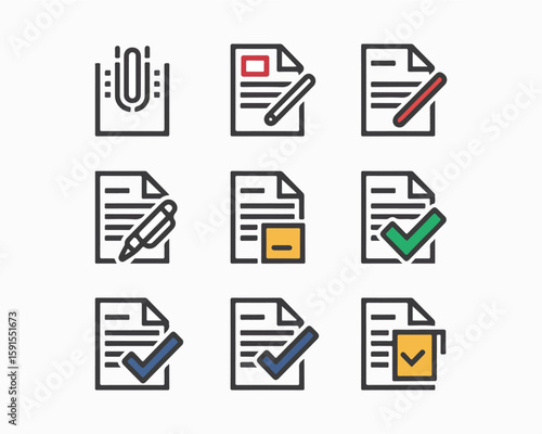 Illustration of nine document icons with various symbols on a white background in a grid format