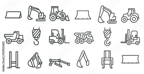 Series of construction vehicles are shown in a line, including a crane, forklift, and dump truck