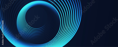 Abstract circle line pattern spin blue green light isolated on black background in the concept of music, science, Ai technology, digital futuristic banner