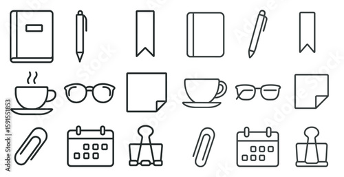 Set of office supplies including a book, pen, and cup. Concept of productivity and organization