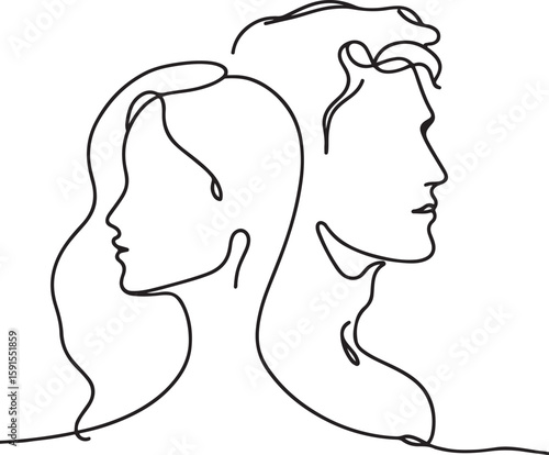 Continuous line art of male and female profiles