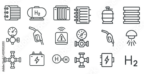 Collection of symbols and icons related to H2, H2, and H2. The symbols include a gas pump, a light bulb, a light switch, a thermostat, and a light fixture