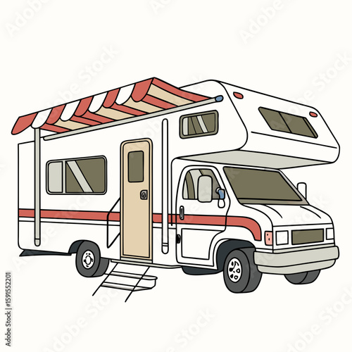 White motorhome with red and tan striped awning camper recreational vehicle