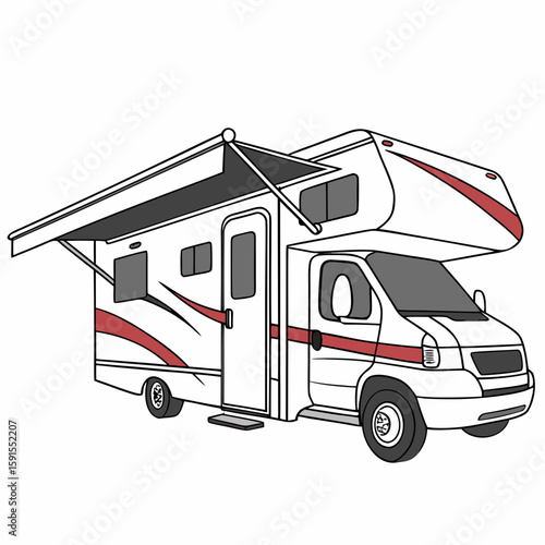 White motorhome with red accents and extended awning camper recreational vehicle
