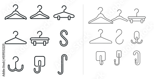 Collection of different types of hangers, including clothes hangers, shoe hangers, and jewelry hangers. The hangers are all lined up next to each other, with some hanging vertically