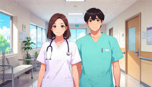 病院で働く日本人の男女2人の医師と看護師、医療、マンガ、アニメーション風のイラスト素材、生成AI画像