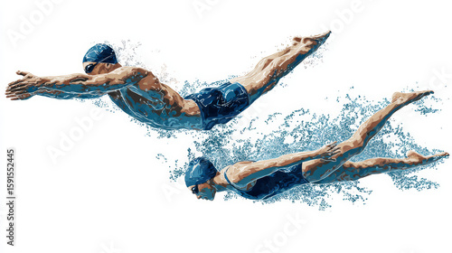 Illustrated male and female swimmers demonstrate various swimming strokes and diving techniques, highlighting skill and athleticism