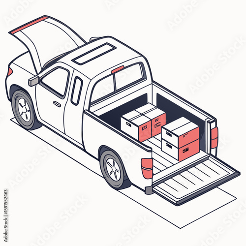 White pickup truck with open hood and tailgate loaded with boxes delivery cargo