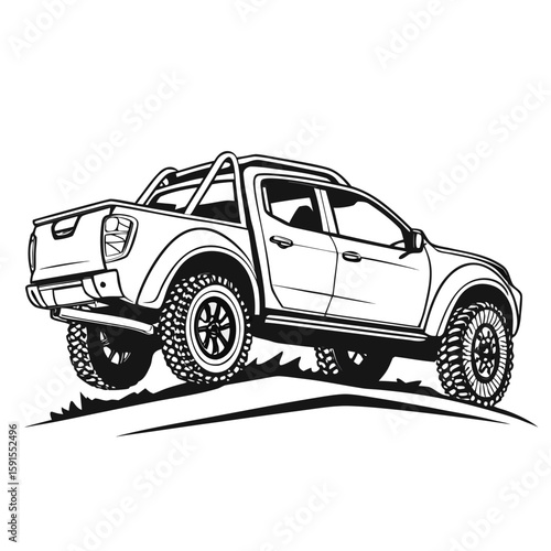 Black and white line art of a lifted pickup truck with off road tires vehicle transportation