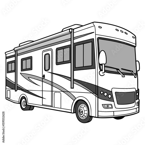 White recreational vehicle with dark gray accents and large windows motorhome camper