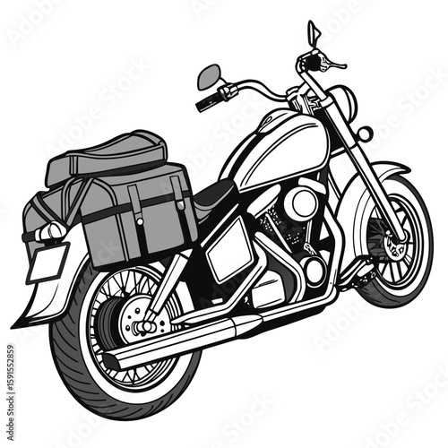 Black and white touring motorcycle with saddlebags travel luggage