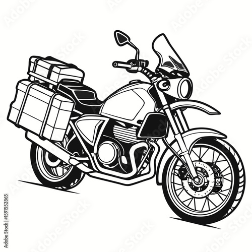 Black and white touring motorcycle with luggage saddlebags adventure