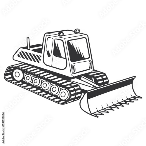 Black and white tracked vehicle with wide blade snow groomer snow cat