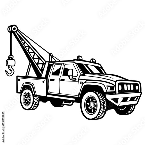 Black and white tow truck with hook and crane vehicle mechanical
