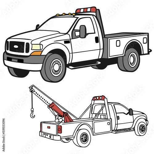 White tow trucks with red tow crane and hook vehicle towing