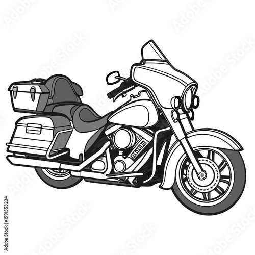 Black touring motorcycle with saddlebags and chrome accents white