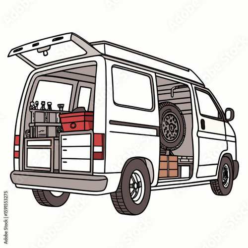 White van interior with tools and spare tire storage