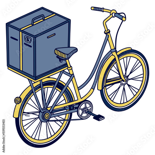 Yellow and blue delivery bicycle with cargo box vector