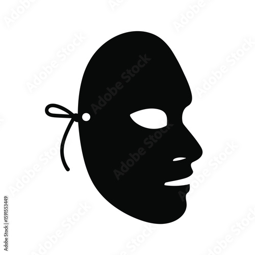 Black silhouette of a venetian mask with a tie on a white background