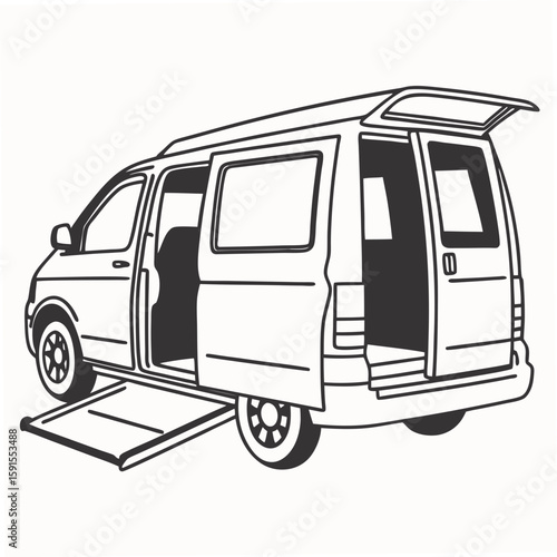 Camper van with open doors and ramp vehicle transportation