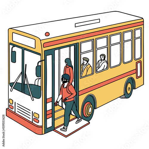 Yellow city bus with open doors and passengers transportation public transport