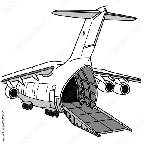 Cargo plane with open ramp and engines aircraft transport