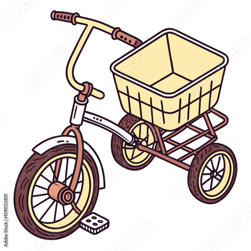 Yellow tricycle with basket and brown wheels three wheeled bicycle