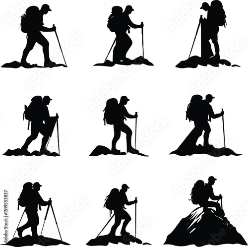 Set of Hiker Silhouettes with Backpacks and Trekking Poles on Rocks and Mountains
