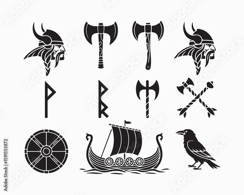 Collection of viking themed illustrations featuring warriors axes runes ship and raven in black and white