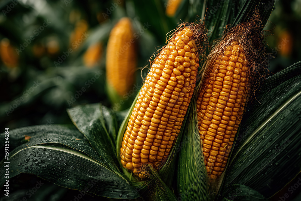 Fototapeta premium Close-up of ripe corn cobs with dew on leaves in lush green field