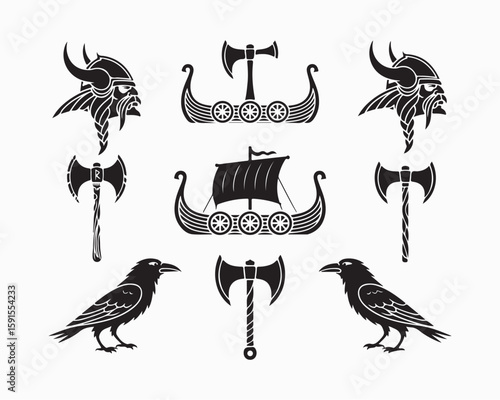 Black viking themed icons featuring ships axes ravens and horned helmeted warrior heads on white background