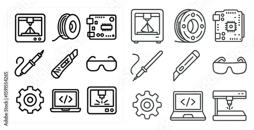 Set of icons for various tools and equipment used in manufacturing and engineering. The icons include a 3D printer, a soldering iron, a pair of safety glasses, and a computer