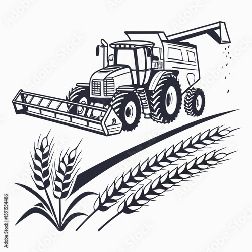 Combine harvester cutting wheat stalks in field agricultural machinery agriculture