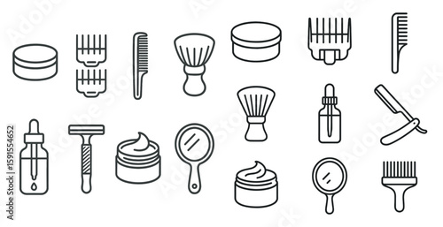 Collection of grooming tools and products. The image is a collection of various grooming tools and products, including a brush, comb, scissors, and a bottle. Concept of organization and order