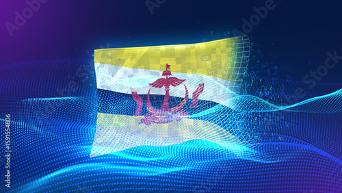 Brunei A futuristic digital background merging with a national flag symbol, representing the concept of technology, innovation, and digital transformation while preserving cultural identity.