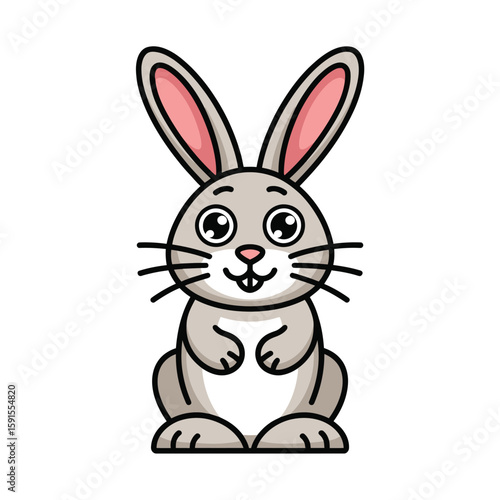 Cute cartoon gray rabbit with big eyes and long ears smiling