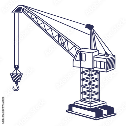 Dark blue construction crane lifting heavy load industrial machinery