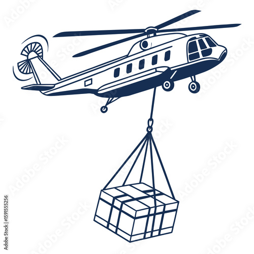 Dark blue helicopter transports cargo box sling aviation