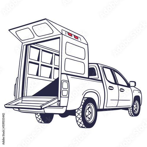 Dark blue pickup truck with open canopy and tailgate open tailgate delivery vehicle