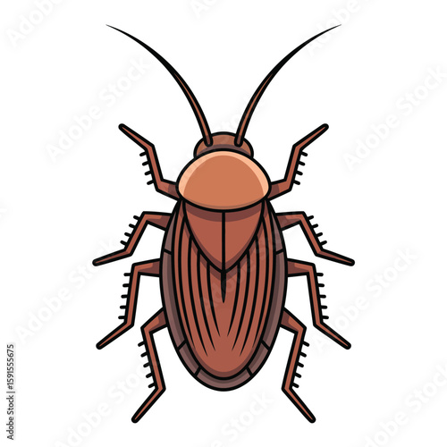 Cartoon illustration of a brown cockroach with long antennae and six legs