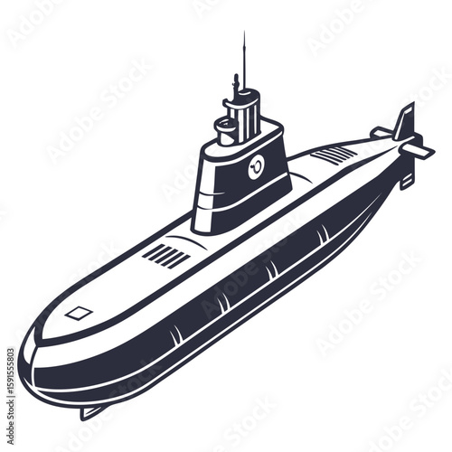 Dark blue submarine with periscope and fins underwater vessel naval military