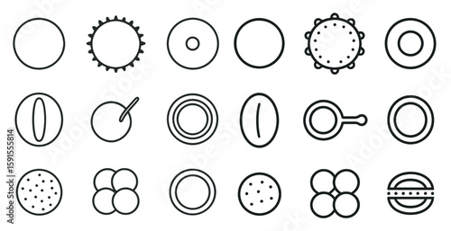 Collection of various shapes and sizes, all of which are circles. The circles are arranged in a grid, with some overlapping and others standing alone. Scene is one of simplicity and order